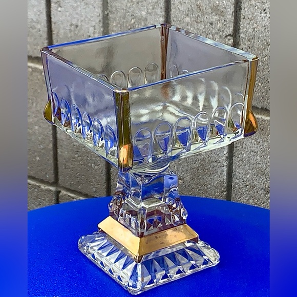 Mid Century Vtg Jeanette Gold Trim Cut Glass Pedestal Wedding Bowl Candy Dish - Picture 5 of 16